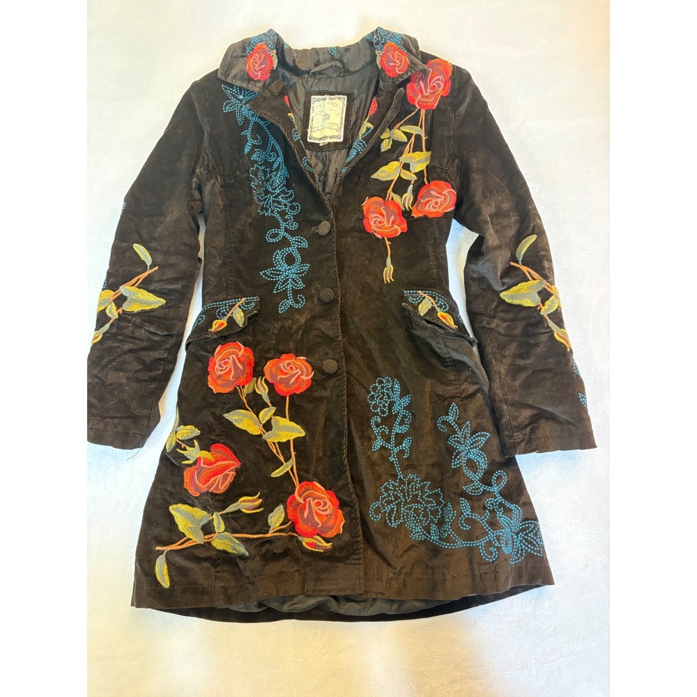 Paparazzi by Biz Brown Velvet Floral Embroidered Rose Boho Coat Jacket Small